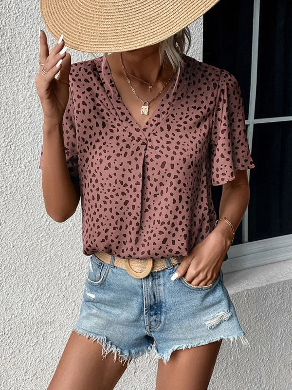 Trendy Flounce Sleeves Blouse: V Neck, Dalmatian Print, Casual Top