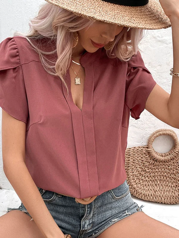 Women's V Neck Top:  Short Petal Sleeves  Blouse, Multiple Occasions