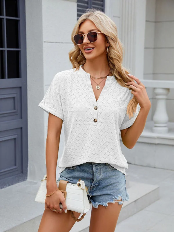 Textured V-Neck Blouse - Short Sleeves with Half Button-Up T-shirt