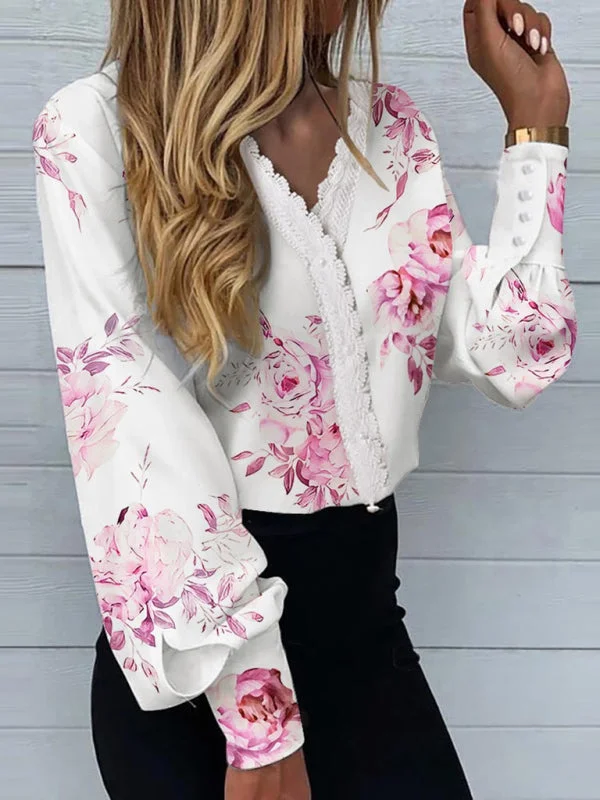 V-Neck Blouse with Lace and Pearls - Lantern Sleeve Top for Spring