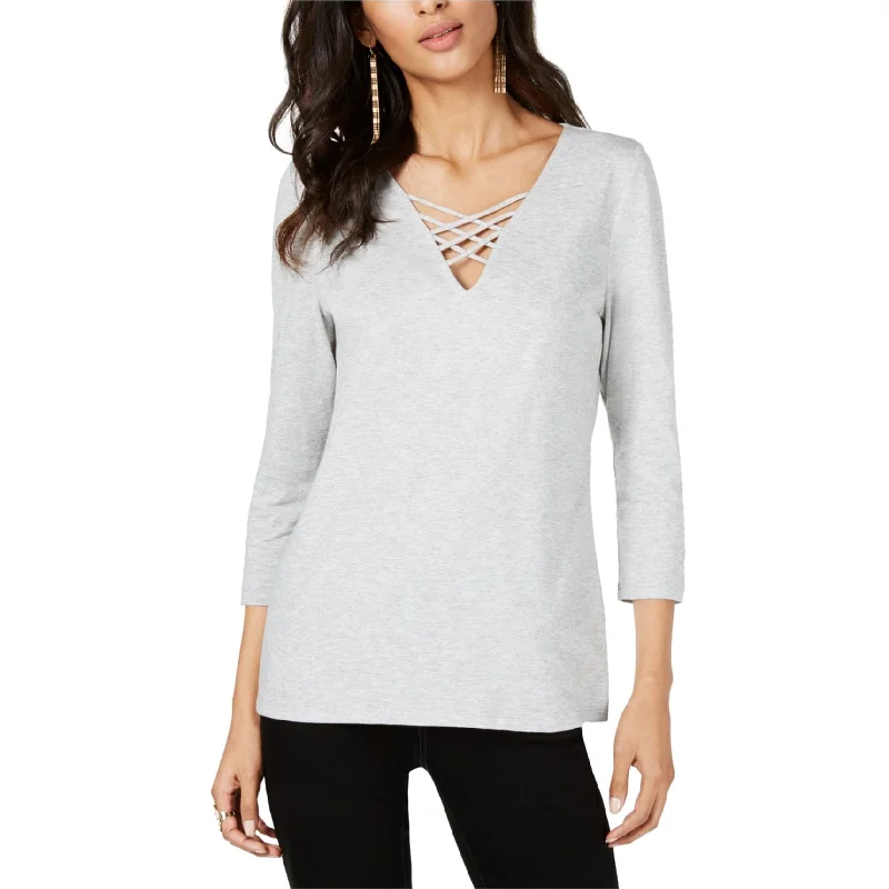 I-N-C Womens Crisscross V Neck Basic T-Shirt, Grey, XX-Large