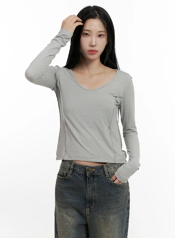 Stitched V-Neck Long Sleeve Top CN407