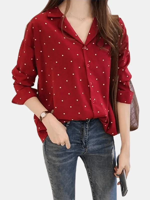 Polka Dot Print V-Neck Long Sleeve Casual Blouse