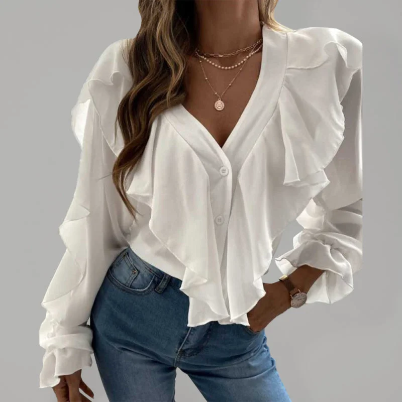 Trendy Ruffle Sleeve V-neck Top for Spring & Summer