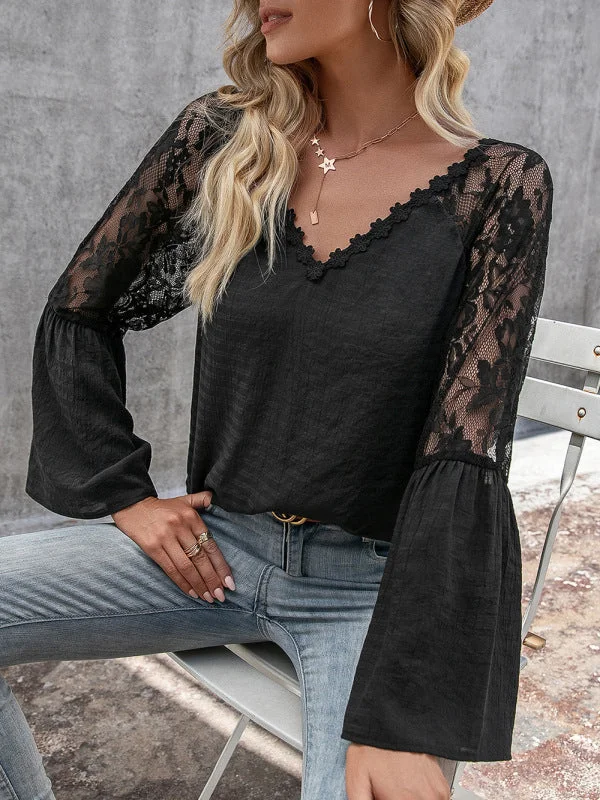 Elegant Lace Inlay V Neck Blouse: Casual Style, Long Bell Sleeves Top