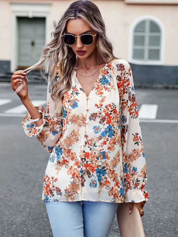 Women's Floral Button Down Blouse - Elegant Lantern Sleeve V Neck Top