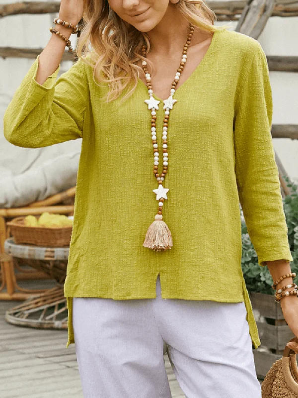 Women V-Neck Solid Color High-Low Hem Cozy Casual Blouse