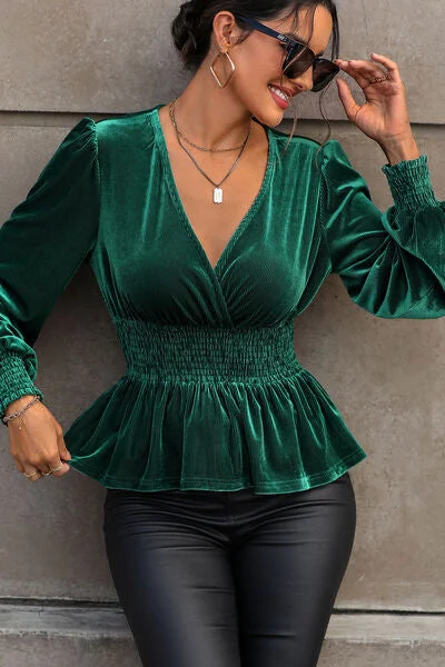 Andrea Fitted V-Neck Lantern Sleeve Peplum Blouse in Emerald Green Stretch Velvet | Poundton