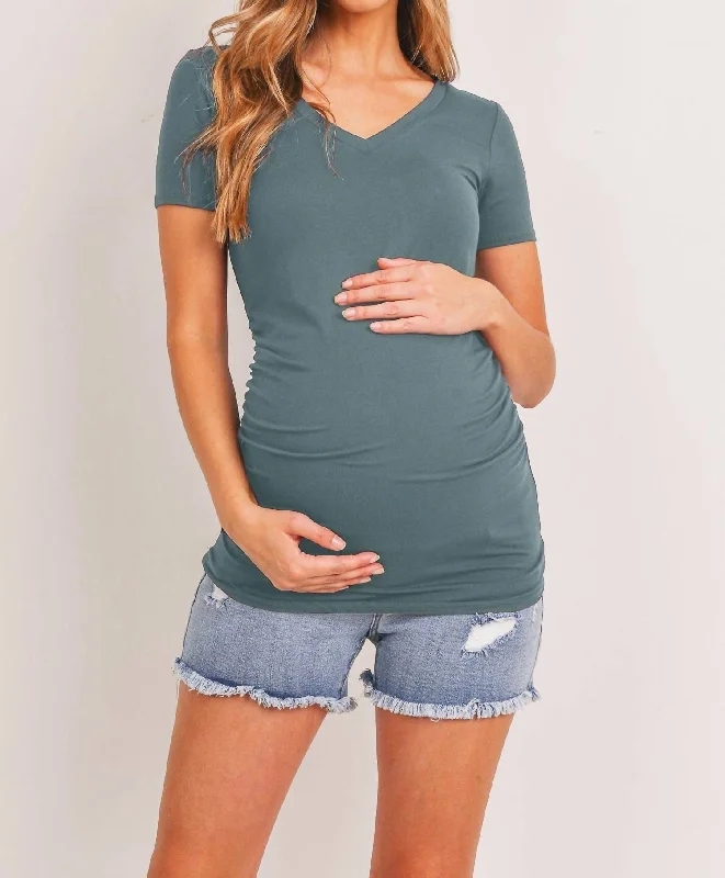 Short Sleeve V-Neck Maternity Tee With Ruched Side In Sea Blue