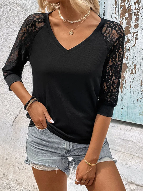 Irresistible Style: Women's 3/4 Sleeve Lace Insert V Neck Blouse