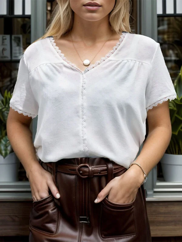 Women's Solid V-Neck Blouse with Lace Trim in Relaxed Fit