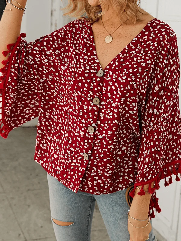 Bohemian Polka Dot Print Floral V-Neck Casual Tassel Blouse