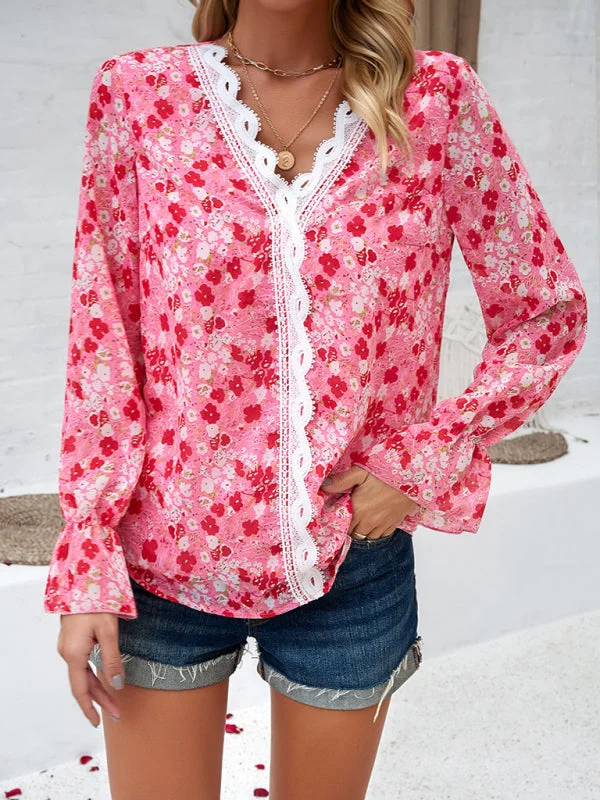 V-Neck Blouse - Long Sleeve Floral Top with Delicate Lace Accents