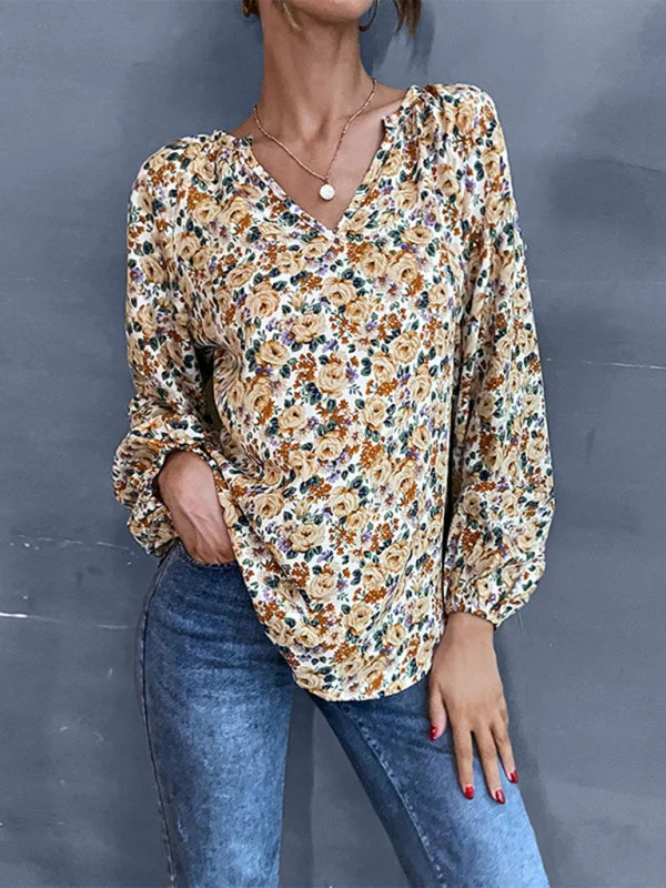 Floral Print Delight: Women's Lantern Sleeve Blouse - V Neck Tunic Top