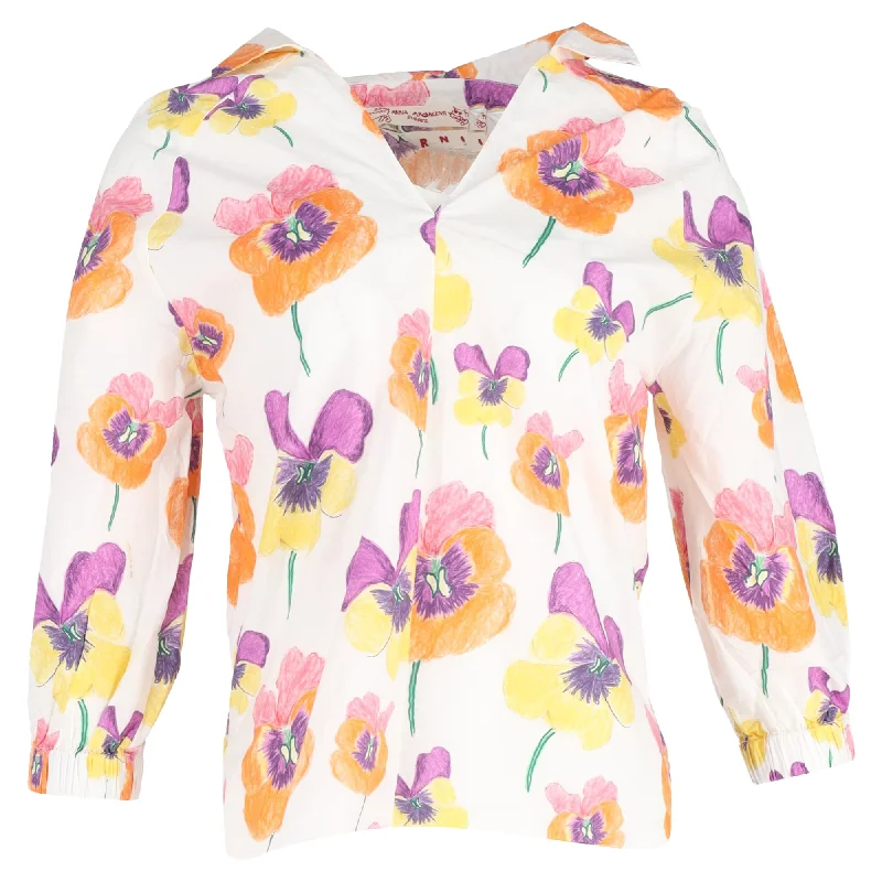 Marni Floral Print V-Neck 3/4 Sleeve Shirt in Multicolor Cotton