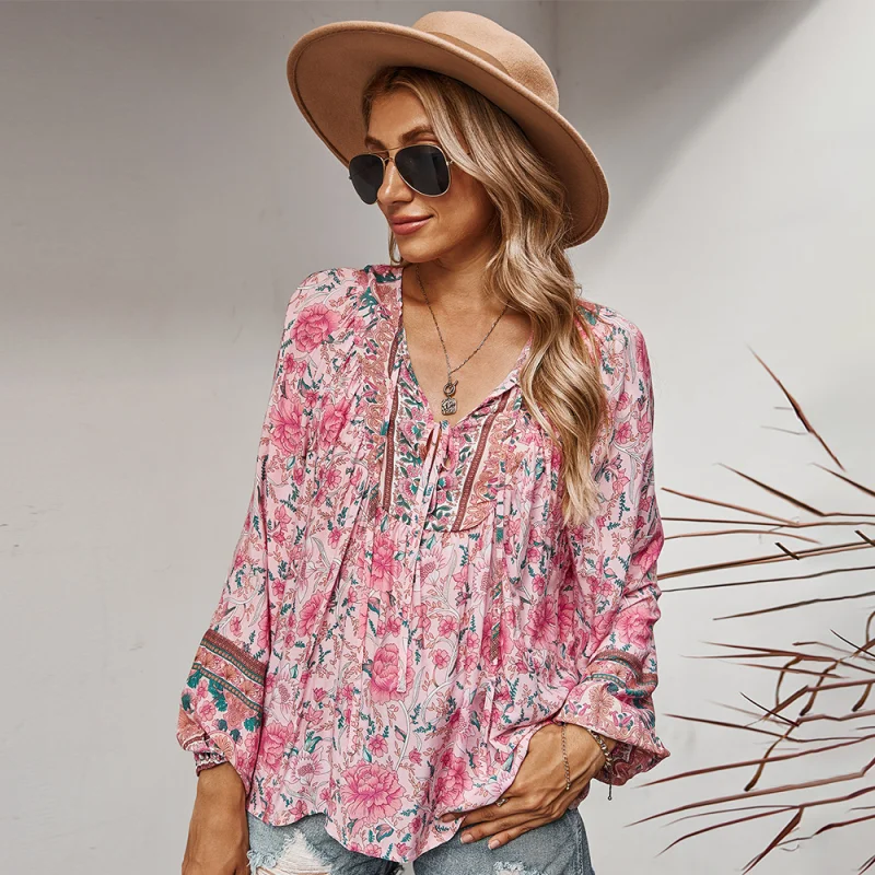 Floral Boto Tie Front V Neck Tunic Top