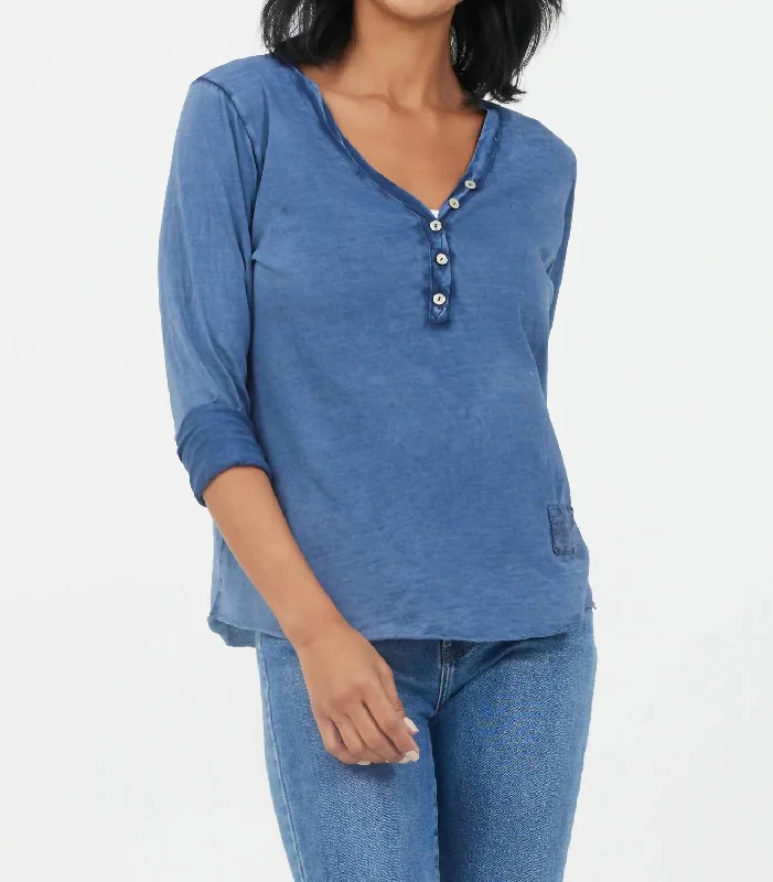 Yvonne Vintage Wash V Neck Button Top In Vintage Blue