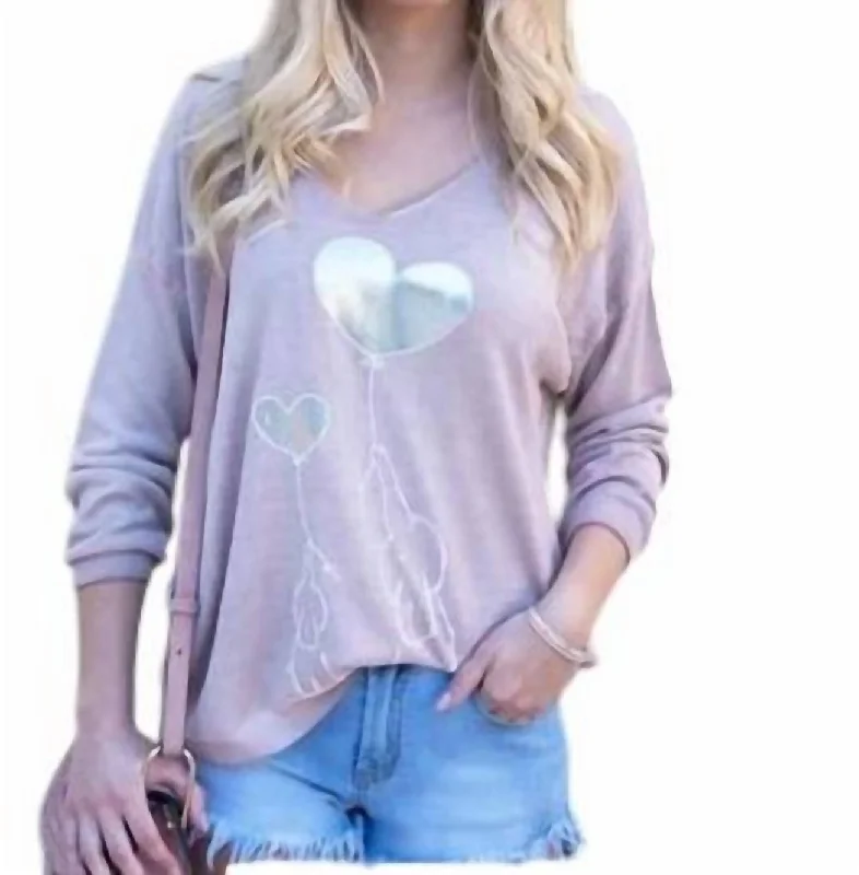 Elephant Print Long Sleeve Light Knit V Neck Top In Blush