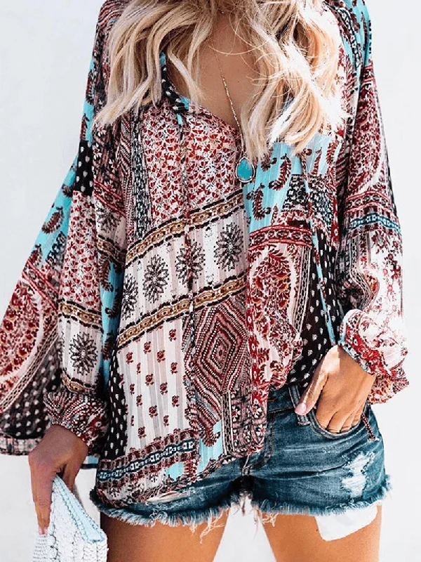 Women V Neck Boho Floral Print Blouse