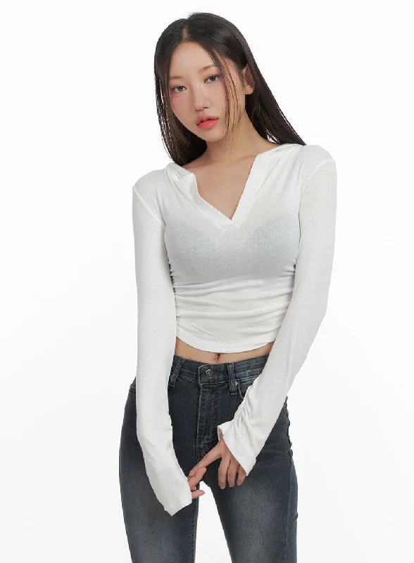 Classic Slim V-Neck Crop Top Hoodie CO402