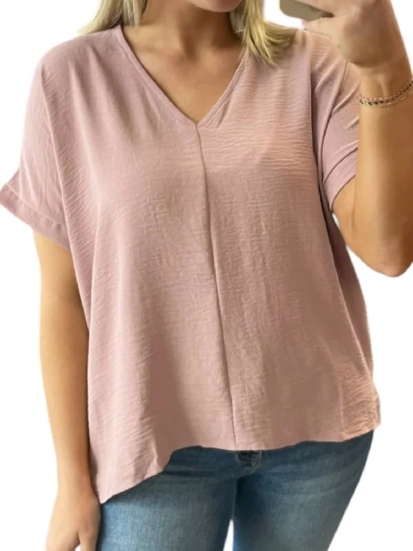 V-Neck Woven Top In Rose Wood