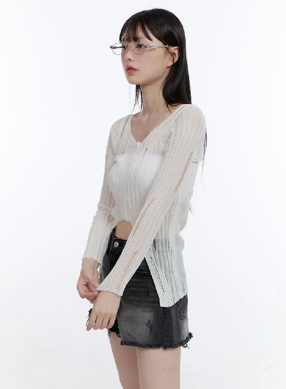 Buttoned V-Neck See-Through Top CG412