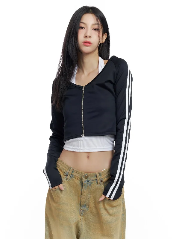 V-Neck Zippered Sporty Crop Track Top CO425