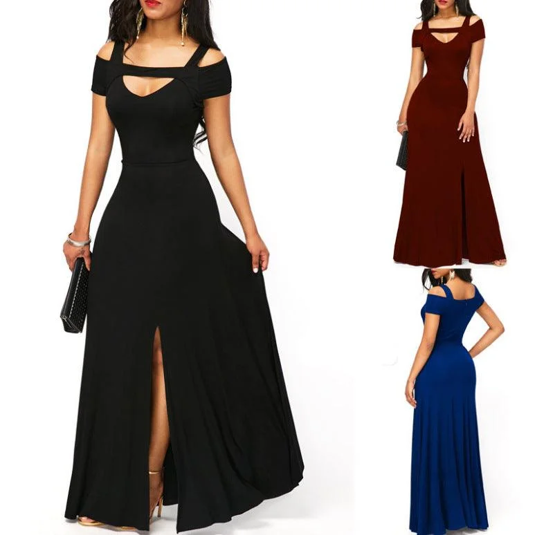 V-neck off-the-shoulder split long skirt