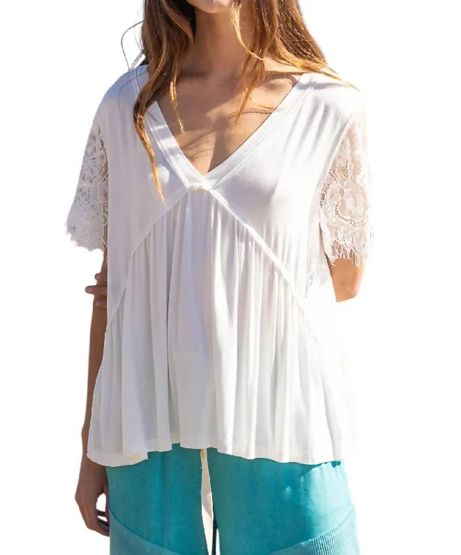 Lace Sleeves V Neck Top In White