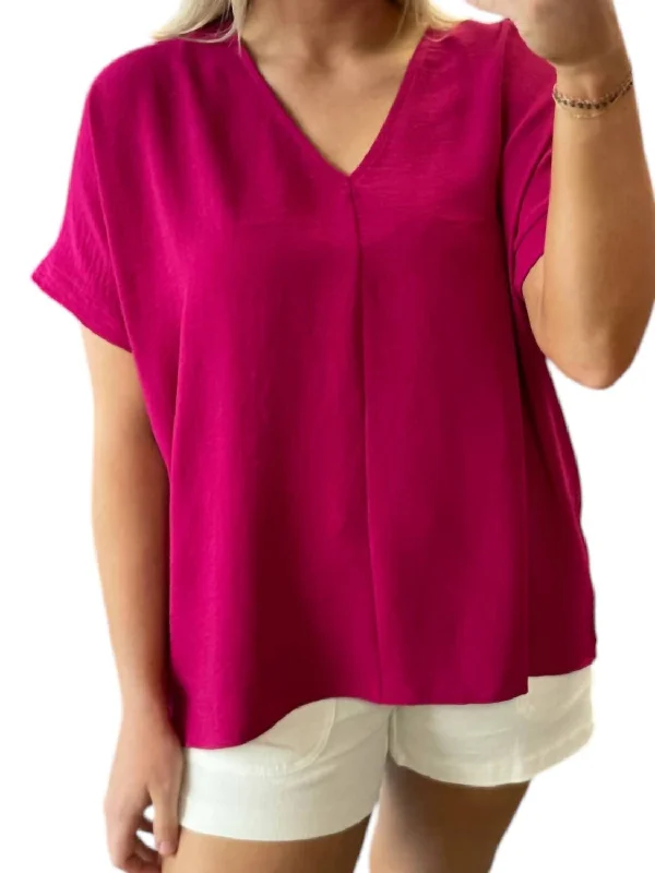 V-Neck Woven Top In Magenta