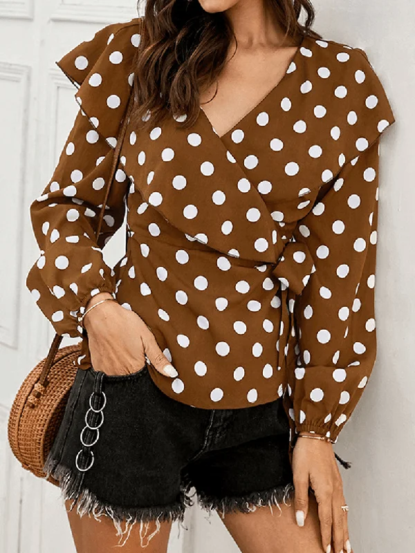 Polka Dot Print V-Neck Long Sleeve Causal Blouse