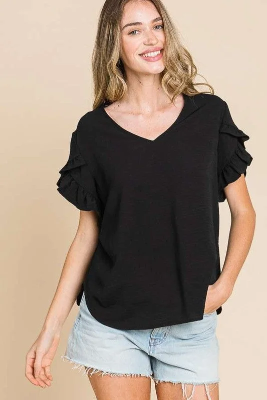 Black V-Neck Ruffle Sleeve Top