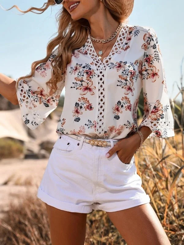 Women's Floral Bell Sleeve Lace V-Neck Blouse Top