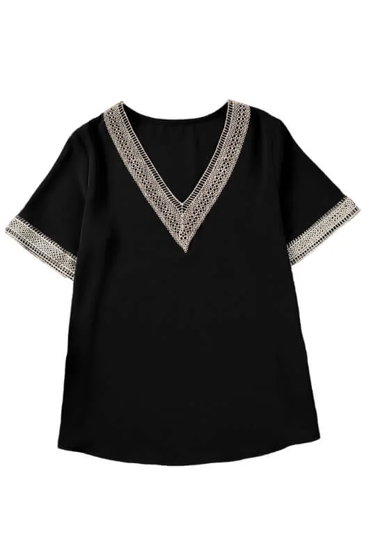 Elegant Contrast Lace V-Neck Blouse