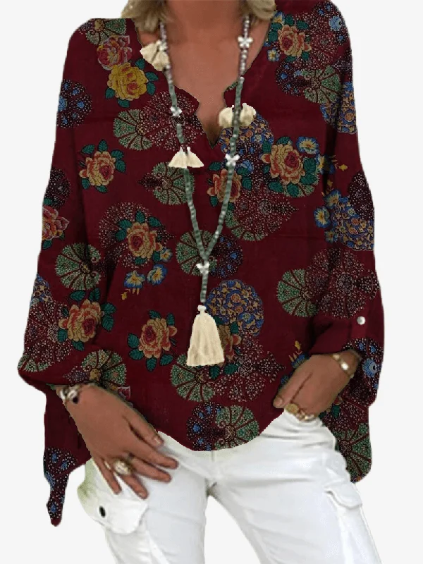 Women Vintage Floral Print V-Neck Loose Blouses