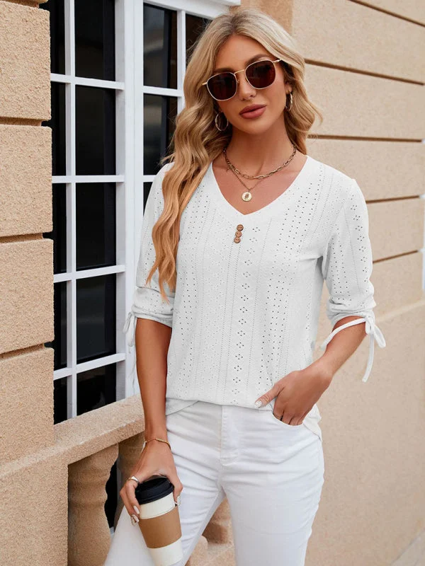 V-Neck Blouse with 3/4 Sleeves | Eyelet Top