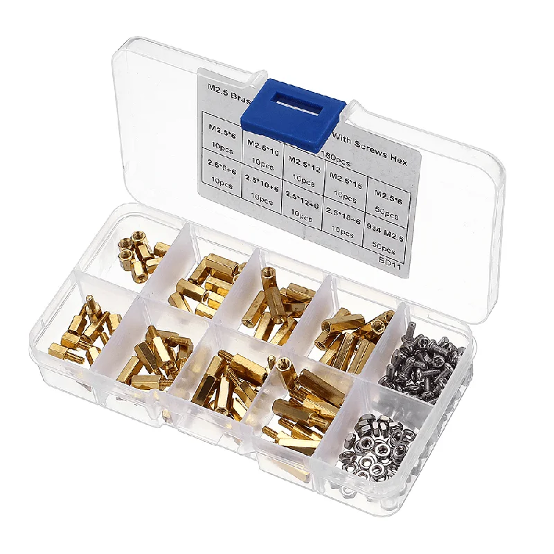 Suleve™ M2.5BH1 180Pcs M2.5 Brass Male-Female Hex Column Standoff Support Spacer Pillar Cross Screw Nut Assortment for PCB Board