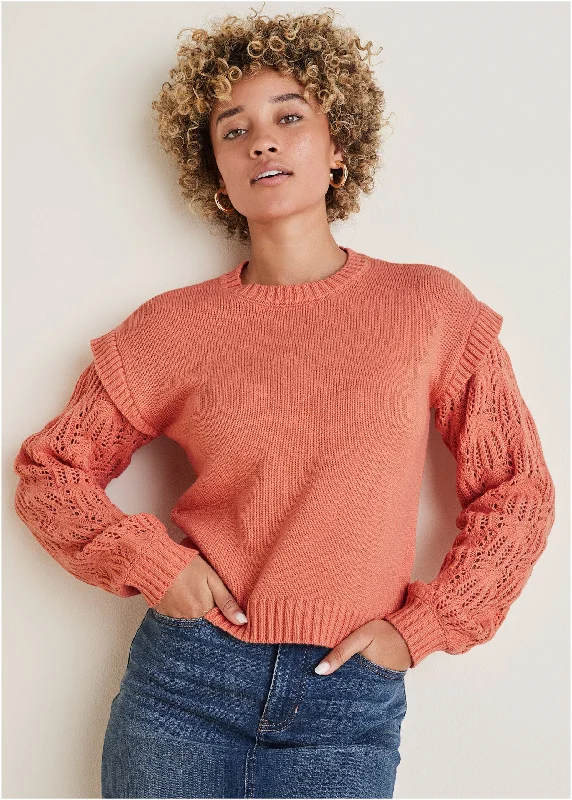 Pointelle Sleeve Crew Neck - Burnt Coral