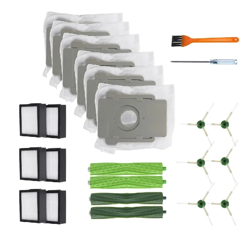 24pcs Replacements for iRobot Roomba E5 E6 i7 Vacuum Cleaner Parts Accessories Main Brushes*4 3-arm Side Brushes*6 HEPA Filters*6 Dust Bag*6Cleaning Tool*1 Screwdriver*1 [Non-Original]