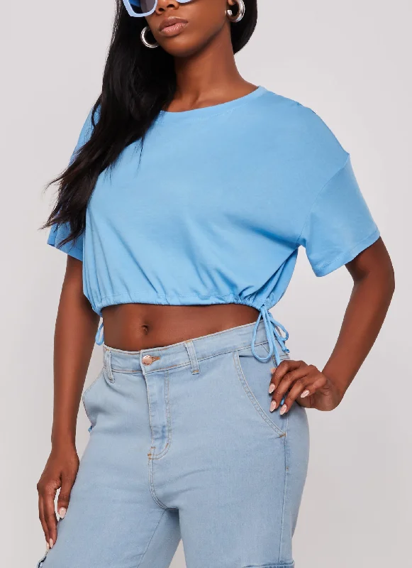 Solid Crew Neck Drawstring Hem Top