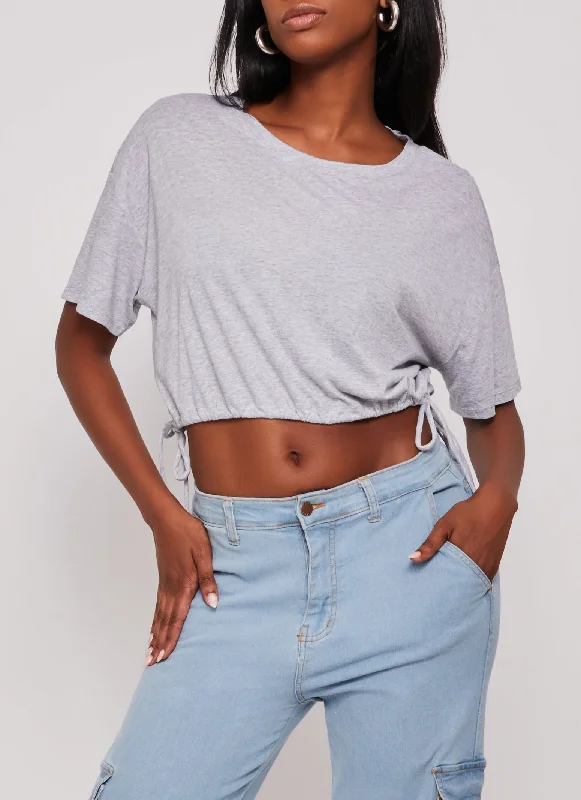 Solid Crew Neck Drawstring Hem Top