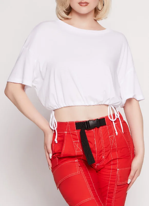 Solid Crew Neck Drawstring Hem Top