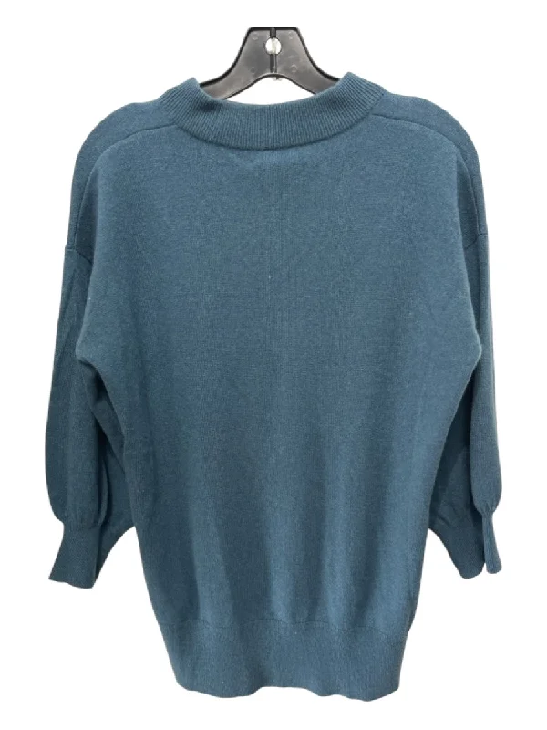 Club Monoco Size L Blue Cashmere 3/4 Sleeve Crew Neck Ribbed Detail Top