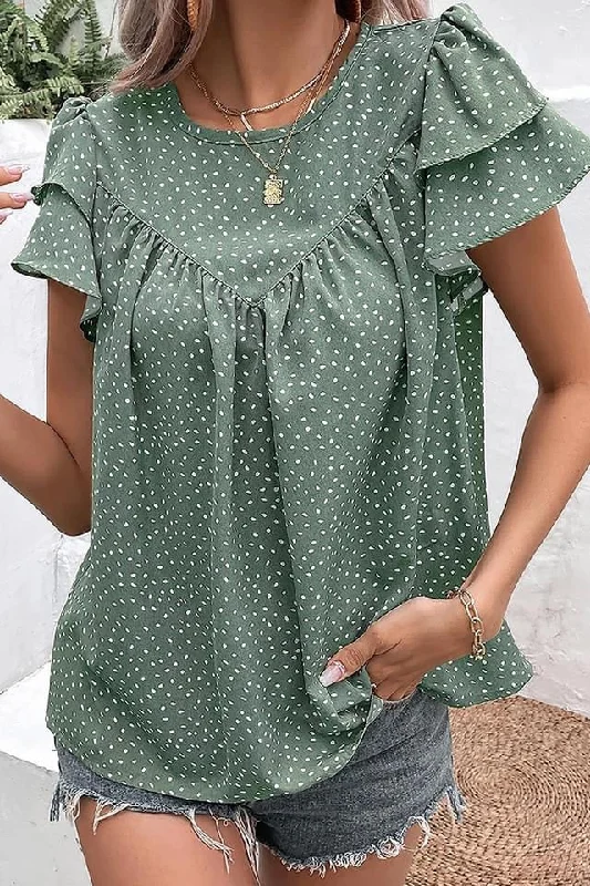 Laurel Green Dotted Ruffle Sleeve Crew Neck Ruched Blouse