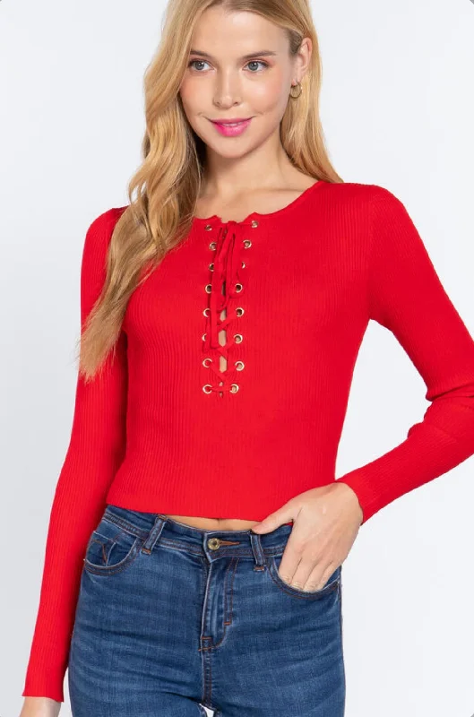 LONG SLV CREW NECK LACE UP TOP