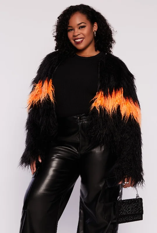 Plus Size Chevron Detail Shaggy Faux Fur Jacket