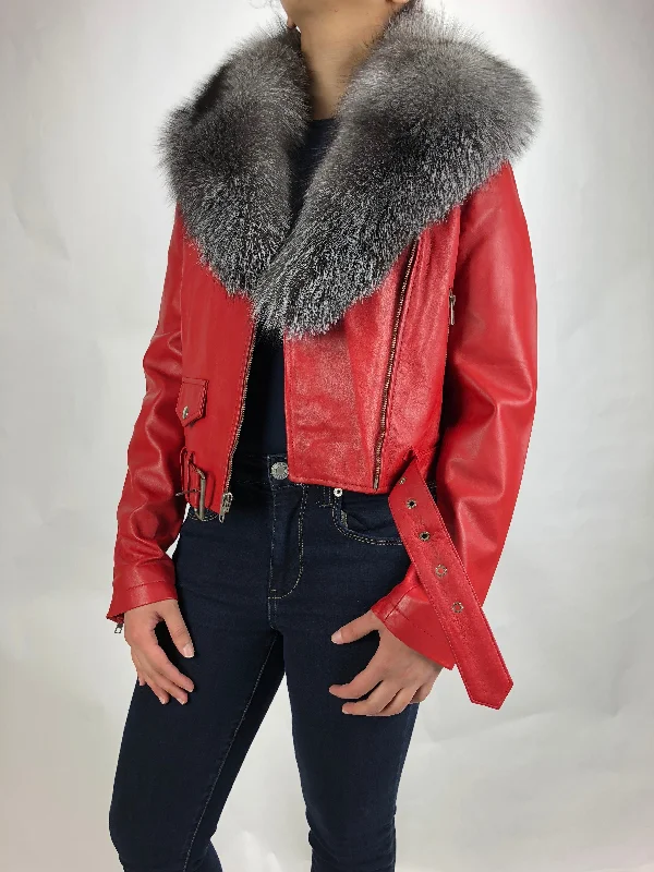 Women's Classic Biker Red With Fox Collar [SLIM FIT]