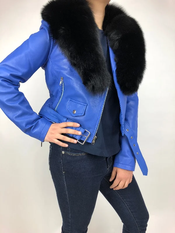 Women's Classic Biker Royal Blue With Fox Collar [ SLIM FIT ]