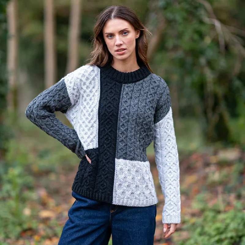 Grey Emma Patchwork Crew Neck Aran Sweater