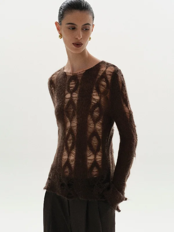 Hollow Open-Knit Sweater, Brown